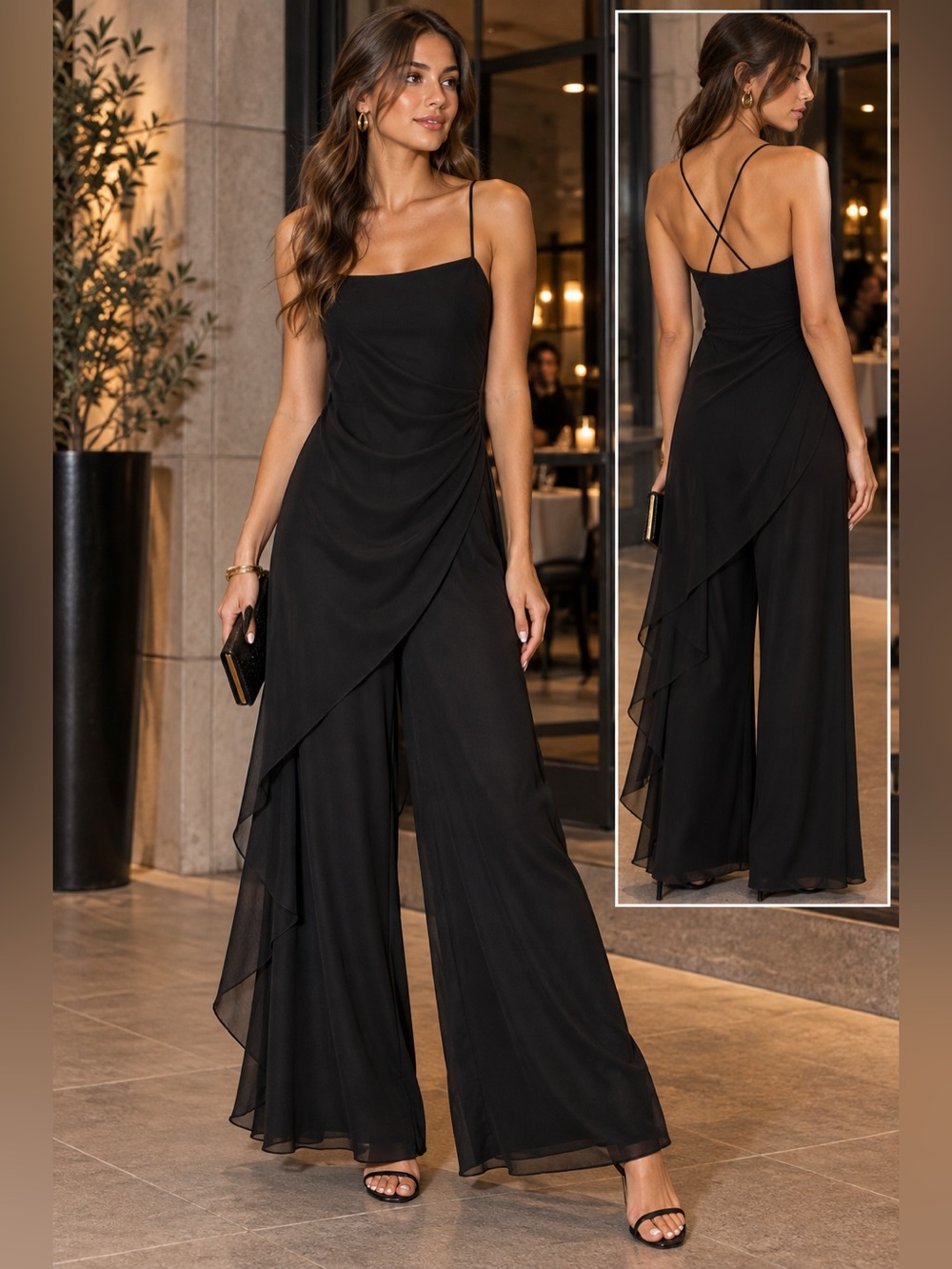 Black Wide-Leg Draped Jumpsuit with Spaghetti Straps